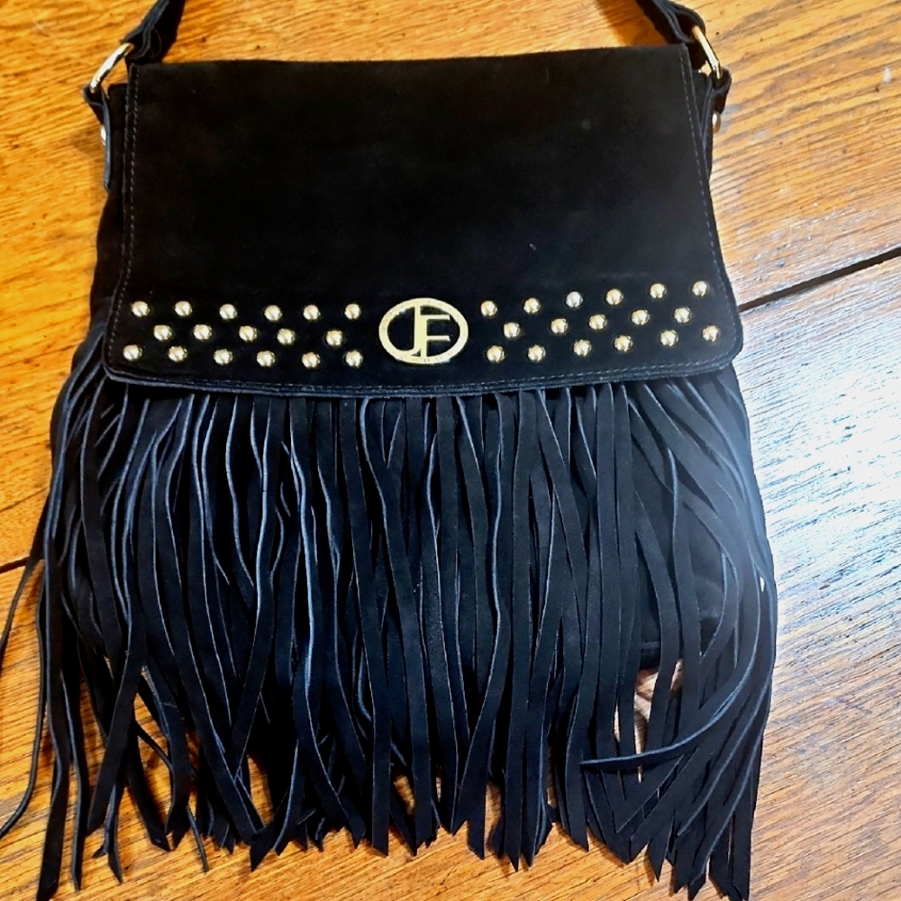 Jack French London Black Suede Gold Studded Messenger Bag With Fringe
